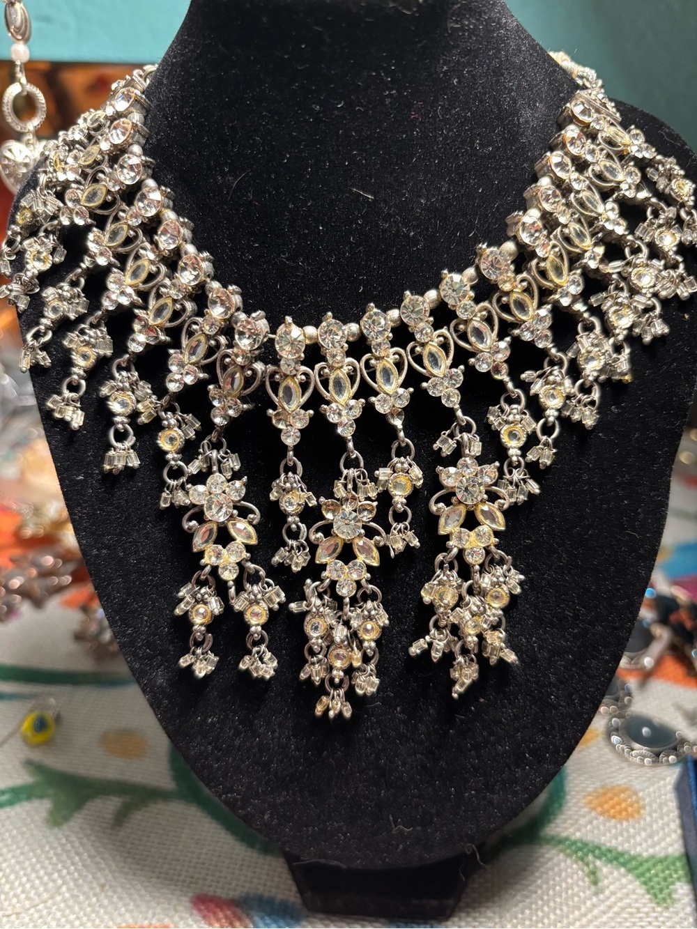 Silver Floral Crystal Fringe Necklace - Women Jewelry